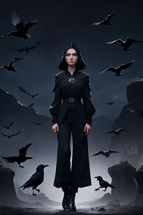 arafed woman in black top and pants standing in front of birds, flora borsi, among ravens, by Galen Dara, ravens stormy sky of foreboding, with a crow on her shoulder, photography alexey gurylev, swarms of ravens, crows, photography alexey kurylev, inspire...