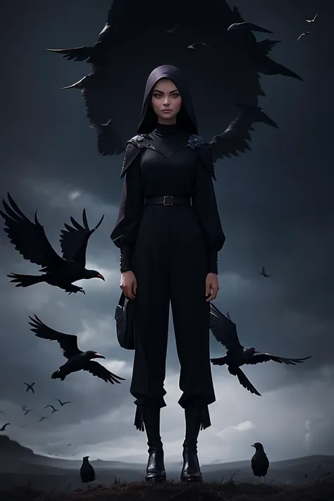 arafed woman in black top and pants standing in front of birds, flora borsi, among ravens, by galen dara, ravens stormy sky of f...