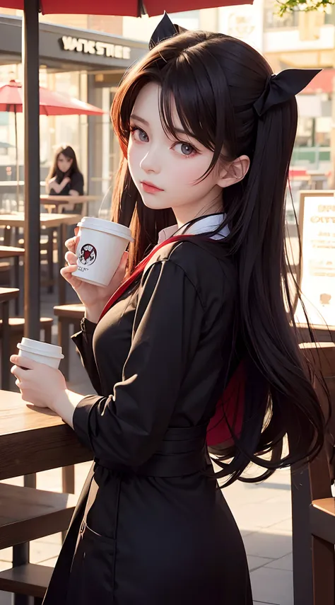 Rin tohsaka, red eyes ,holding a coffee cup, starbuck background, cafe, close up, potrait, detailed face, pov