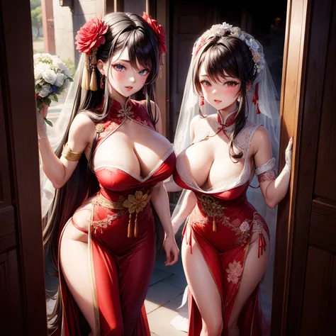 （8K ，Hyper-detailing，Ultra photo realsisim，Best Masterpiece，naturey，Perfect artwork，Perfect female body），Two cute busty girls ，（large tities），Antique flower wedding，Antique flower wedding，Chinese red wedding dress，Phoenix Guanxia，Stylish hairstyle，Elegant ...