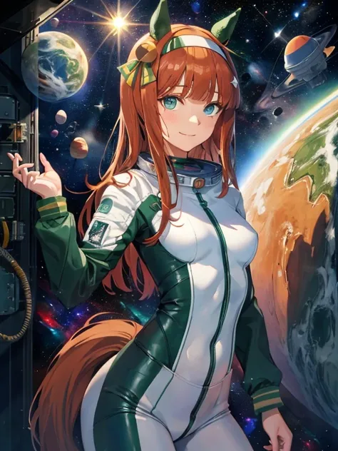 topquality, Horse Girl, Quiet Suzuka, ((Uma Musume))), Perfect Skin, real looking skin, Detail skin, 8K, (breasts are small:1.4)Cosmana Nafta Costume, (Pour into the air), Girls look at us, ssmile, Joying, Brown hair, Hair long, cyan eyes, Horse ears, Hors...