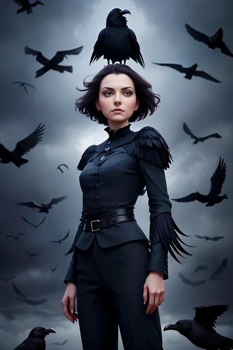 arafed woman in black top and pants standing in front of birds, flora borsi, among ravens, by Galen Dara, ravens stormy sky of foreboding, with a crow on her shoulder, photography alexey gurylev, swarms of ravens, crows, photography alexey kurylev, inspire...