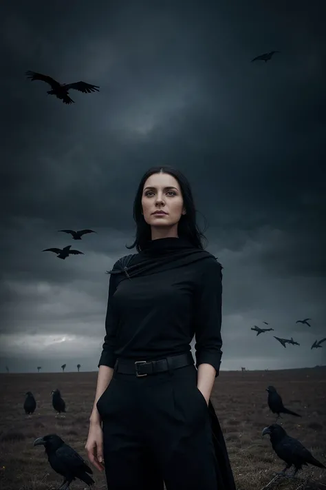 arafed woman in black top and pants standing in front of birds, flora borsi, among ravens, by Galen Dara, ravens stormy sky of foreboding, with a crow on her shoulder, photography alexey gurylev, swarms of ravens, crows, photography alexey kurylev, inspire...