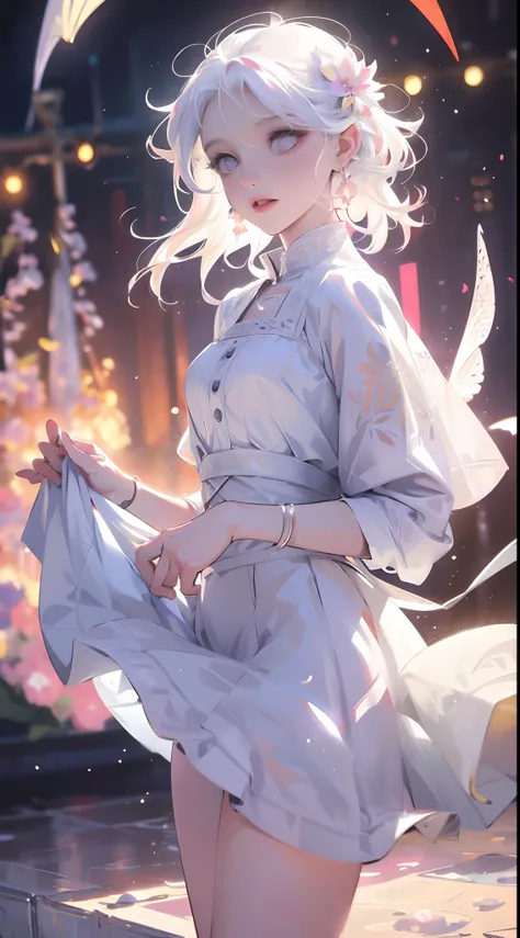 Realistic, 1girl, white hair, purple eyes, glowing eyes, cropped top, skirt, parted lips, blush, night, flowers, sun, sunlight, white skirt, short skirt, medium length hair, real, warm colors, white short Dress, white clothes, light background color, day e...