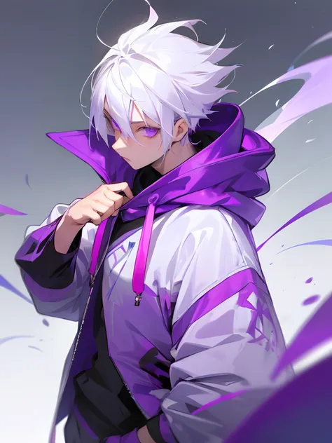 Boy with white hair glowing purple radiant eyes wearing a stylish fashion hoodie