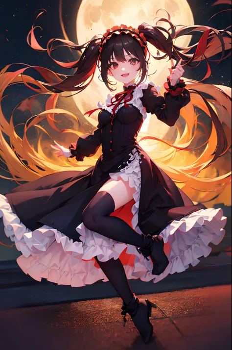 black hair、long-haired twin-tails、red right eye、the left eye is golden、red and black dress、odd eye、black tights that don't show ...