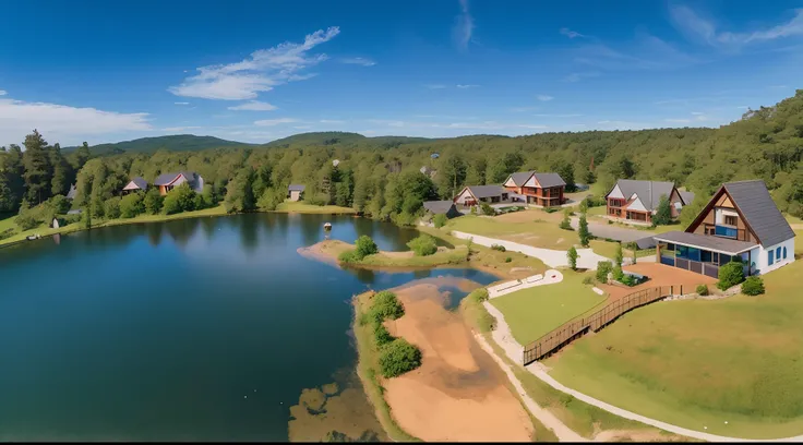 aerial view of a lake and a house with a tennis court, of a small village with a lake, eeri, by Felipe Seade, beautiful image, ariel view, ecovillage, build in a forest near of a lake, lagoon, aerial shot from the drone, by Julius as if, cool looking, aeri...