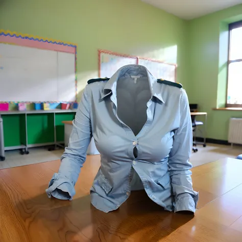 school uniform, (classroom, sitting on desk:1.7), (invisible, no humans:1.7, headless:1.7, handless, faceless:1.7), (cute big breasts:1.5), close-up shot of breasts, 
(32k, RAW photo, best quality, masterpiece:1.5), (realistic, photo-realistic:1.6), photon...