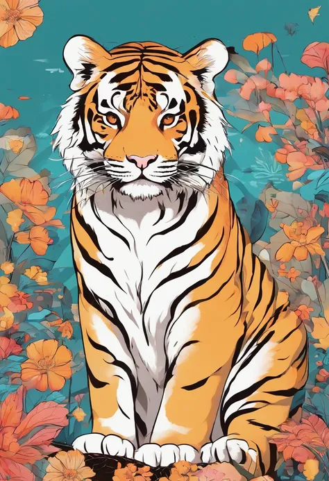 kawaii tiger，white background，flat style，in the style of digital painting，light cyan and light amber，contest winner，32k uhd，playful caricatures，furry art，bold，manga-inspired characters--ar3：4