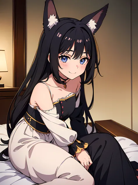 1 fox eared girl, (beautiful eyes finely detailed, Face to detail, black hair color, long hair), wearing 16th century outfit, long skirt, sitting on bed, mischievous facial expression, smiling, blush on her face, full body, masterpiece sidelighting, ​maste...