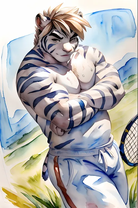 Hominidae, Pose for Camera. 4K, high resolution, Best quality, posted on e621, (Two anthropomorphic white tigers:1.2), Anthropomorphic white tiger, male people, 20yr old, Thick eyebrows, Light blue stripes, No hair, shaggy, Strong body, large pecs, ((Shirt...