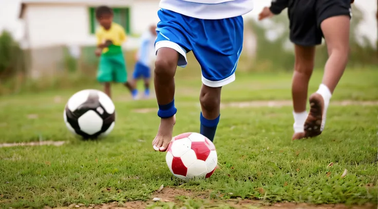 About 10 small children living in a poor village are happily playing soccer barefoot, their dreams, hopes, smiles,, (masterpiece), (best quality), (Ultra high Detailes)