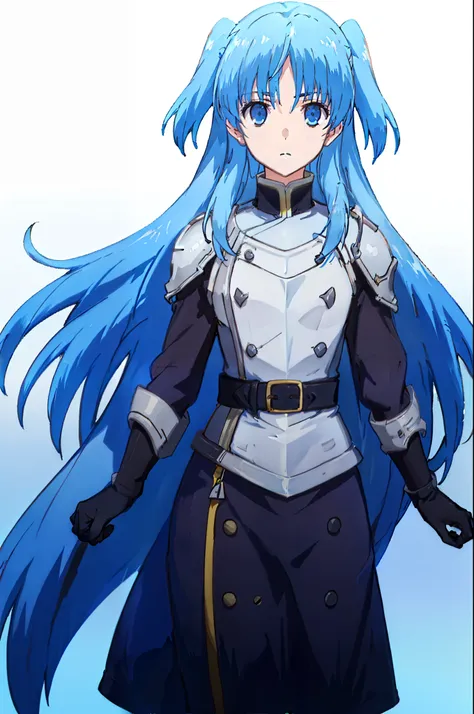 masutepiece,Best Quality,1girl in, Solo,Blue hair, Eyes in the hair, arma, side locks, Belt bag, Sword, (armor), two side up,face to the viewer, White background, Simple background