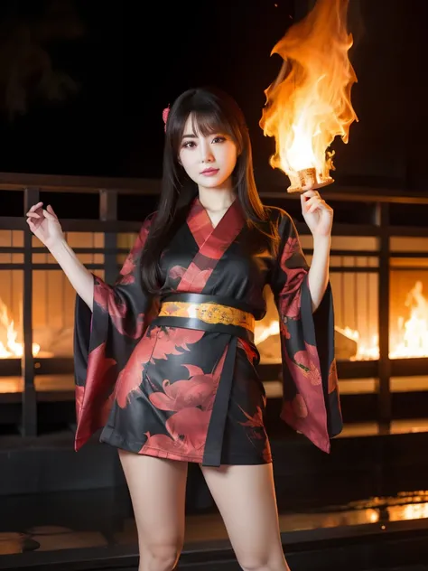 Woman in the Flames、Looks fun、full body Esbian、Miniskirt kimono with flame print、A dark-haired、、Idol face