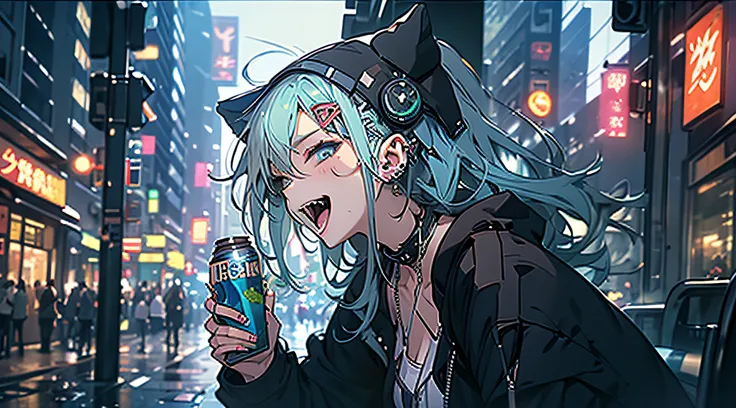 Girl with greenish-blue hair and big breasts、Wear an open blouse、Leaning against the wall while drinking an energy drink in the downtown area at dusk.