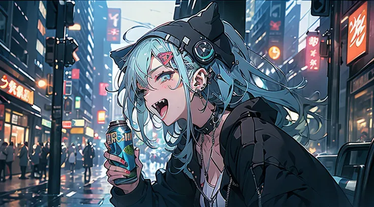 Girl with greenish-blue hair and big breasts、Wear an open blouse、Leaning against the wall while drinking an energy drink in the downtown area at dusk.