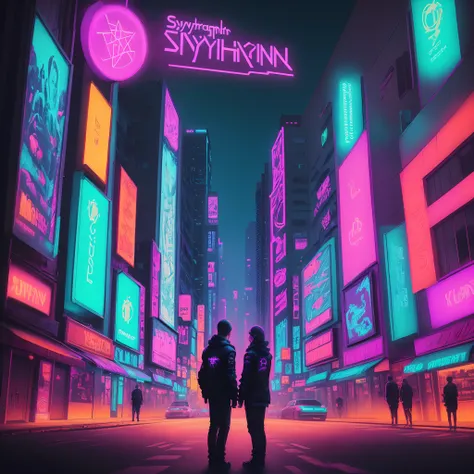 Album Cover, Synthwave, cyberpunk, City, neons, pentagram, purple and cyan.