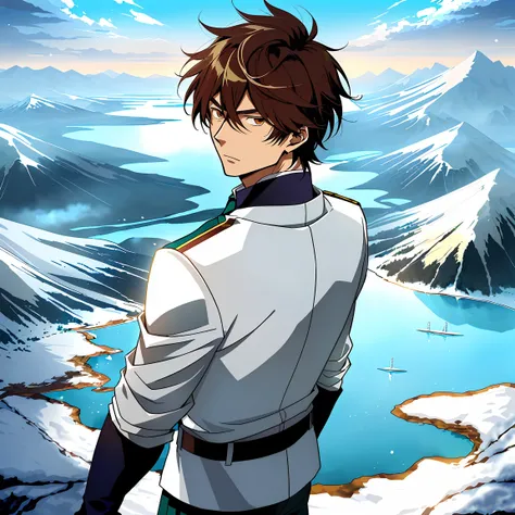 Anime image of a brown-haired man in a white suit and blue tie standing under a snowy mountain，by lake, Shinkai sincerely, New Xiangcheng, Honest, ryuta ueda artwork, offcial art, Anime handsome man, inspired by Hisui Sugiura, koyoharu gotouge, inspired by...