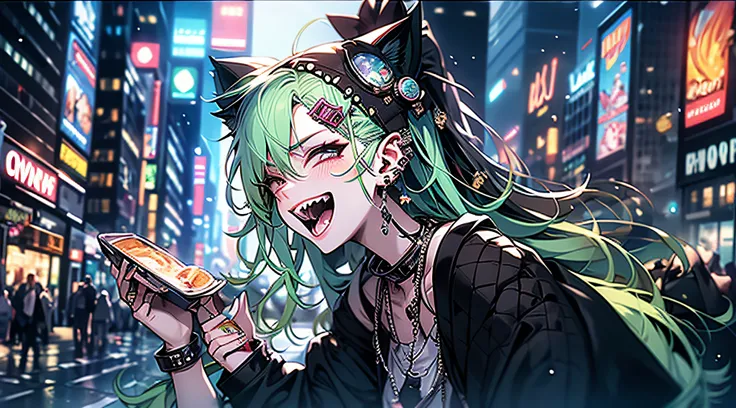 Green hair,top-quality、face perfect、perfect bodies、A little tear in the inner corner of the eye、yawning being、Evening background、Wearing a lot of accessories、Drink energy drinks、high-level image quality、Cats ears。