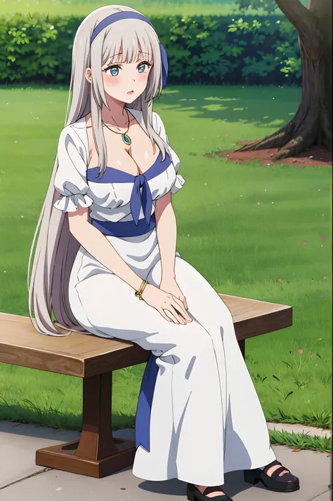 masterpiece, best quality, MyleneHFV4, 1girl, solo, dress, cleavage, jewelry, hairband, blue hairband, blush, necklace, white dress, sitting,  anime coloring, outdoors, very long hair, full body,