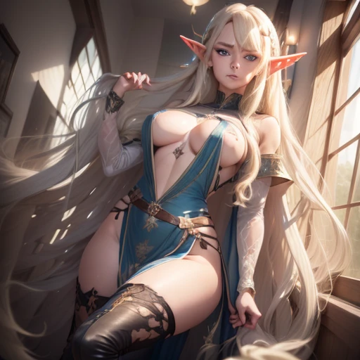 A  girl, 25 years old with blue eyes, blonde woman, long wavy hair, Beautiful Character Face. pointed ears.   in office. full-length photo. side-view. higly detailed. Top Quality. thigh boots. elvish.