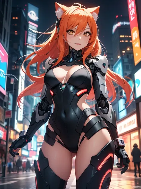 {{（Hair color: Orange）}）,forcus 、Dynamic Pose、（Cat tail）、Cat ears, absurdly long hair、Laugh
、（（dark orange eyes））、Large breasts、see through、Cameltoe,unrealengine:1.4,hyper HD,Best Quality:1.4, Photorealista:1.4, Skin Texture:1.4, tmasterpiece:1.8,Futuristi...