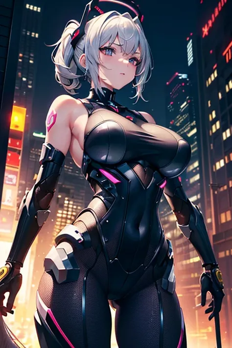 Top quality, masterpiece, fine detail, super detailed, accurate depiction, highly detailed 8k wallpaper, 1 girl, (Sexy Mecha Girl: 1.3), looking straight, 5 perfect fingers, (mechanical halo: 1.2), (Detailed exposed exoskeleton leotard: 1.2), (Complex mech...