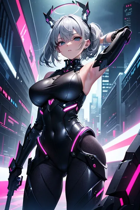 Top quality, masterpiece, fine detail, super detailed, accurate depiction, highly detailed 8k wallpaper, 1 girl, (Sexy Mecha Girl: 1.3), looking straight, 5 perfect fingers, (mechanical halo: 1.2), (Detailed exposed exoskeleton leotard: 1.2), (Complex mech...