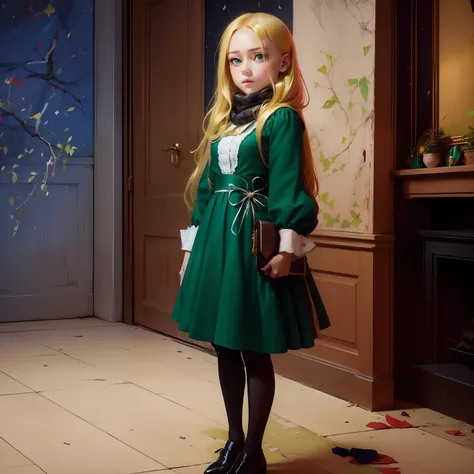 Young girl stands, a emerald frock, white collar and white cuffs. yellow hair, blue eyes, cyan scarf-ribbon on neck,long emerald frock with emerald sleeves, black tights, brown shoes, a palette knife in her hands