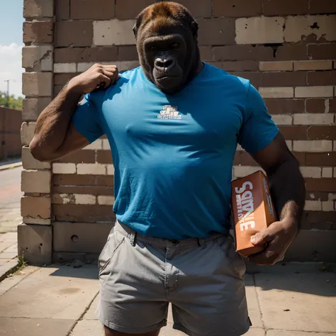 A gorilla , wearing colorful shorts and tshirts, holding a big brown brick in his hand, looks like he will throw the brick, looks angry, high quality, high detail, 8k