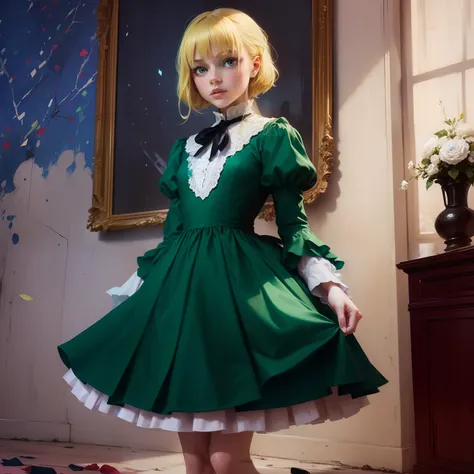 Young girl stands, a emerald frock, white collar and white cuffs. yellow hair, blue eyes, blue scarf-ribbon on neck,long emerald frock with emerald sleeves, black tights, brown shoes, a palette knife in her hands