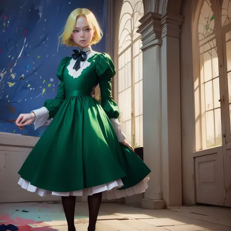 The girl stands, a emerald frock, white collar and white cuffs. yellow hair, blue eyes, blue scarf-ribbon on neck,long emerald frock with emerald sleeves, black tights, brown shoes, a palette knife in her hands