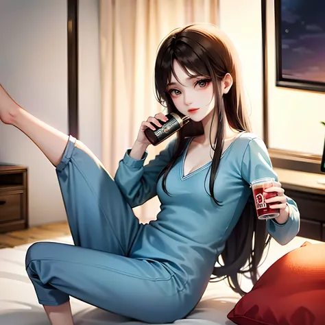 Girl in her 20s drinking beer in the living room。Hair is brown。The hairstyle is long。Dressed in light blue pajamas。