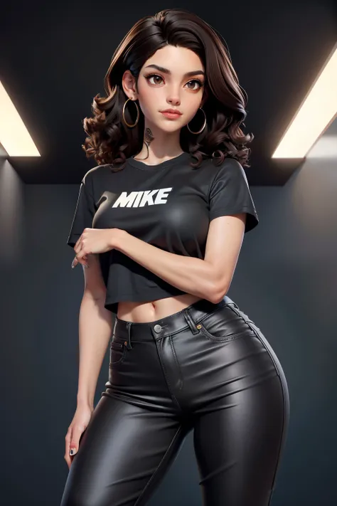 Um linda mulher morena baixinha tenho 1,58 tall has short curly dark brown hair has light brown eyes has tattoo is wearing a black t-shirt a pair of black jeans black Nike sneakers hoop earring Black is 22 years old