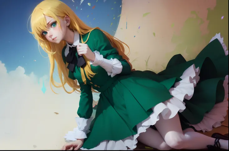 Girl in emerald frock, white collar and white cuffs. yellow hair, blue eyes, cyan scarf-ribbon on neck, black long tights,  long emerald frock with emerald sleeves, brown shoes, a palette knife in her hands