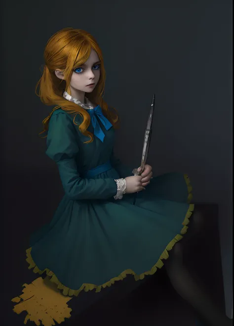 Girl, ((Blue bow on neck)), darkgreen frock, yellow hair, blue eyes, black long tights, long darkgreen frock with darkgreen sleeves, brown shoes, ((a palette knife in her hands))