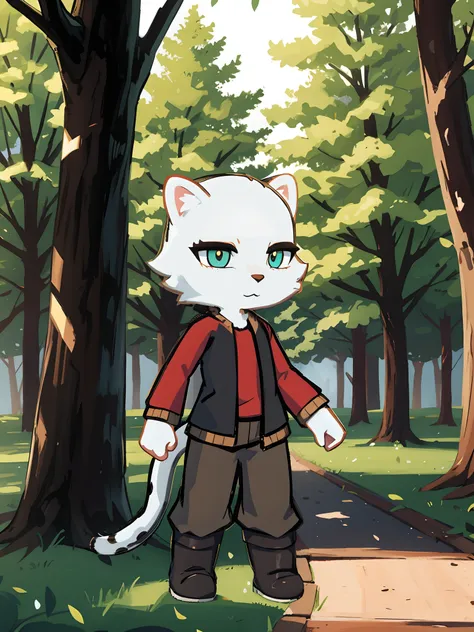 Snow leopard, Furry, white wool, cat tail, red shirt, Black Jelly, brown pants, Black Boots, Background Forest