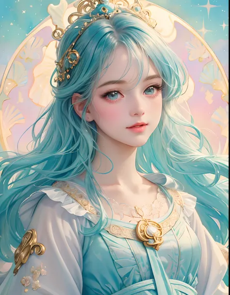 Princess girl with wing, Blue, Pastel, glitter, dramatic, dreamy, pastel, Watercolor, Whimsical, Delicate, seashell crown, Trending on Artstation, Highly detailed, Intricate, Portrait, digital painting, Fantasy theme, Fantasy robes, Fantasy concept art, Fa...