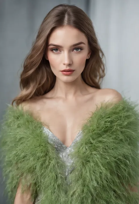 Paris collection fashion portrait shoot of a Russian model in a studio , 30 years old , wearing clothes shaped like lush grasses , vivid color schemes, ultra realistic, hyper detailed, silver-core