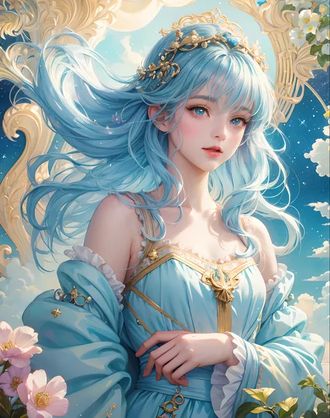 Princess girl with wing, Blue, Pastel, glitter, dramatic, dreamy, pastel, Watercolor, Whimsical, Delicate, seashell crown, Trending on Artstation, Highly detailed, Intricate, Portrait, digital painting, Fantasy theme, Fantasy robes, Fantasy concept art, Fa...