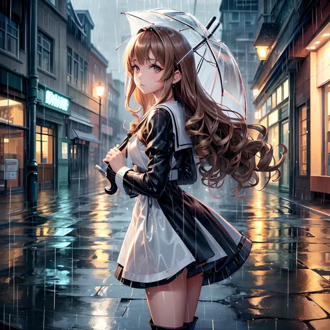 Girl with umbrella, perfect  detail, Best Illustration, Whole body, From Side, focus on girl, Petite, 1 girl, Young girls, long hair blown up, Curly hair, Air bangs, Beautiful and detailed rune tails, Hair intake, light brown hair, Cute face, gloom express...