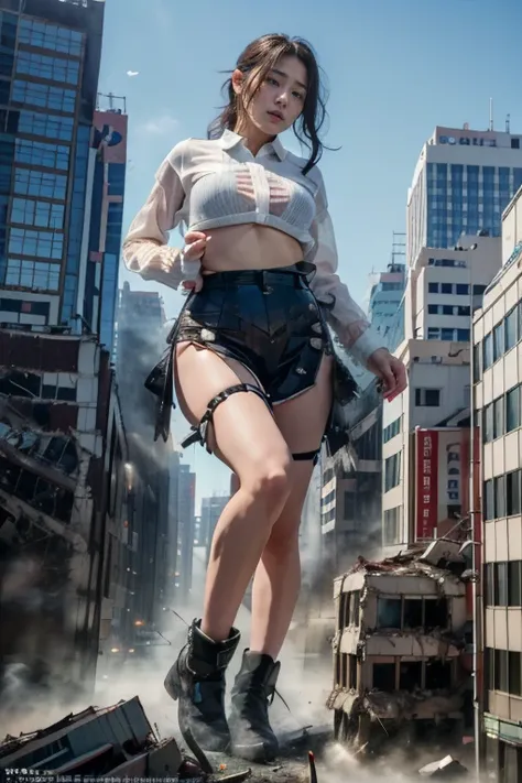 ((top-quality、in 8K、​masterpiece:1.3、Raw photo))、Super high quality photos, Japan Top Idol Women With Perfect Beauty, Perfect beauty, ((der riese))、((Wear a see-through shirt)), ((not wearing bra)), (( are protruding)), Demolish a building、 ((Destroy the c...