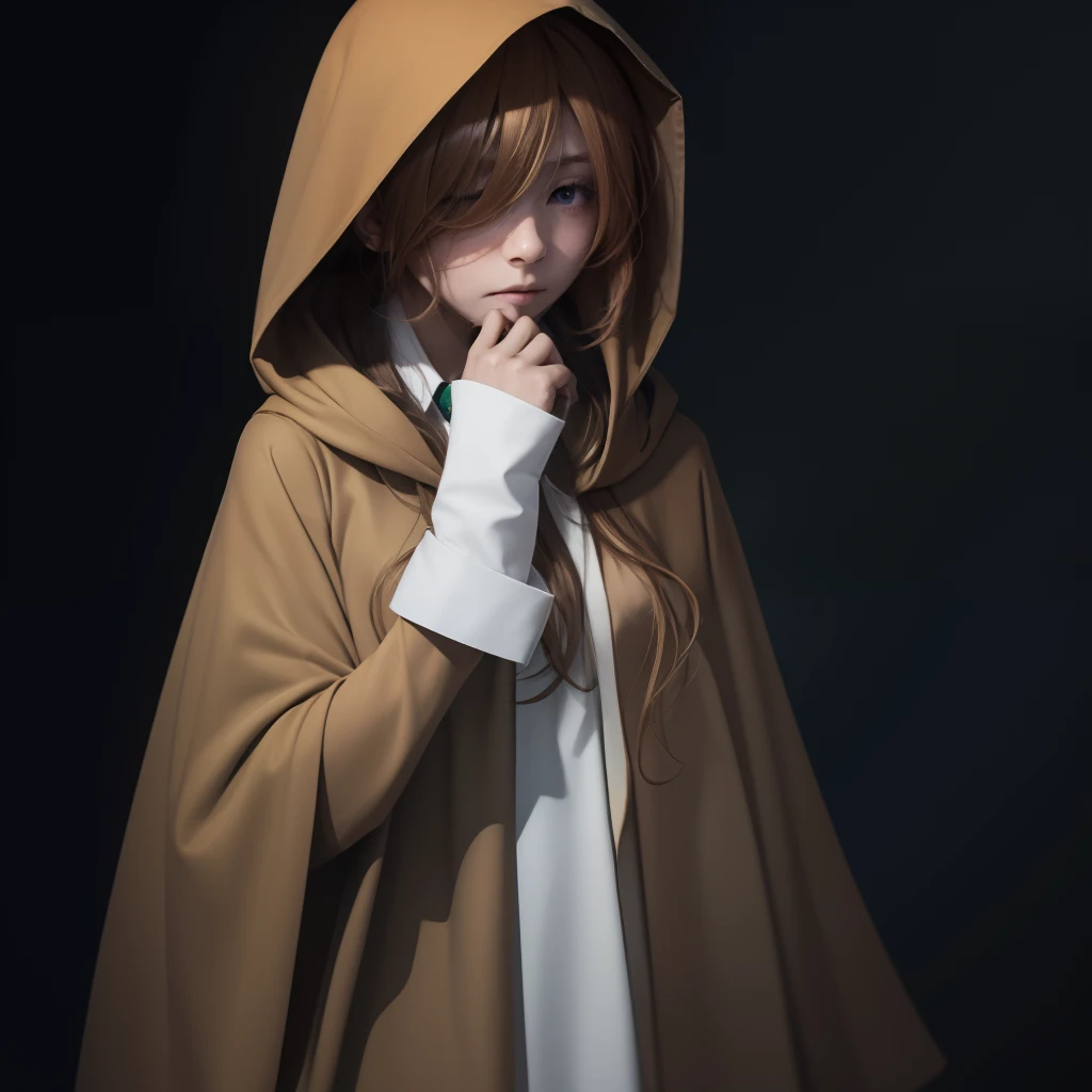 Girl, brown hoodie,brown hood hiding her eyes, beige robe, hidden face, standing wrapped in beige robe, hoodie closes her eyes, horror, darkness, blood