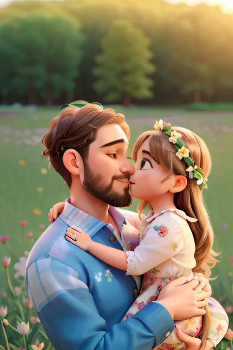 a man and a little girl are hugging in a field, flowers on heir cheeks, caring fatherly wide forehead, father with child, gorgeous portrait, beautiful portrait, flower child, family photography, flower storm portrait, white flower crown, 7 0 mm portrait, f...