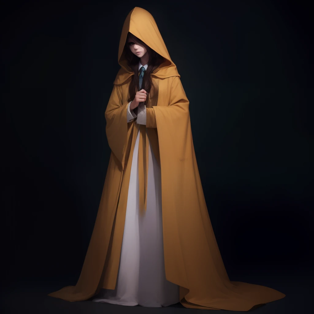 Girl, brown hoodie,brown hood hiding her eyes, beige robe, hidden face, standing wrapped in beige robe, hoodie closes her eyes, horror, darkness, blood