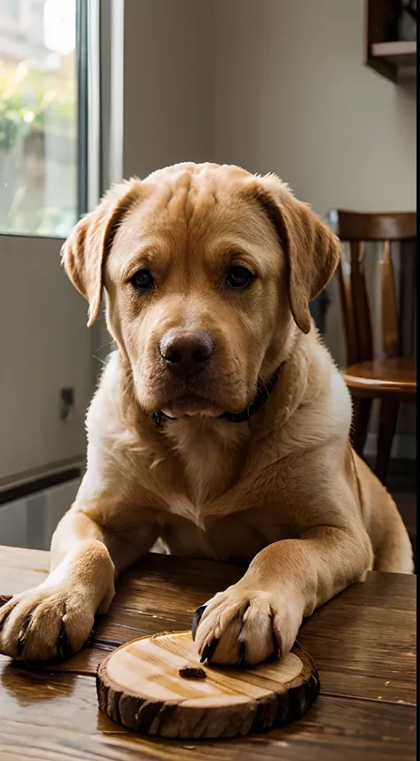 A one-year-old male Labrador has dark circles around his eyes，He sits，Staring at the food on the wooden table in front of you，Eyes glow，drools