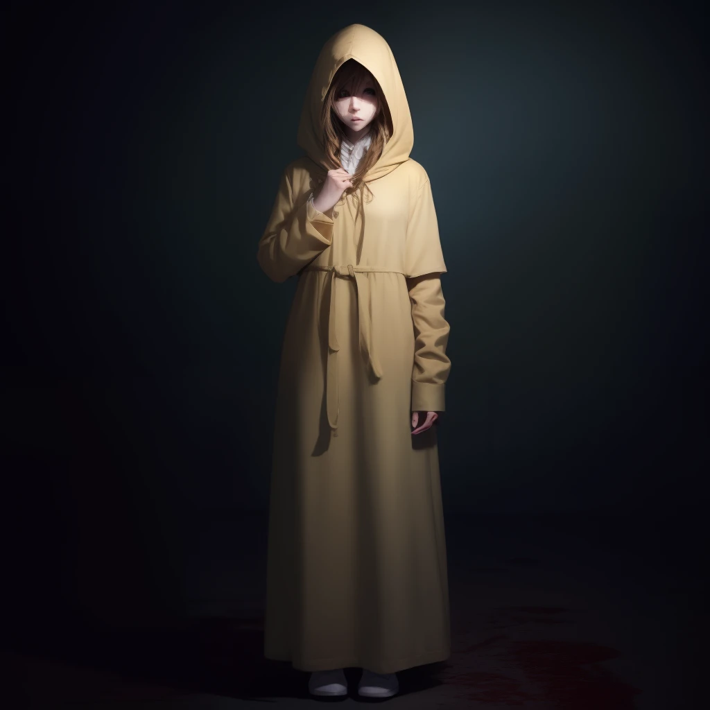 Girl, brown hoodie,brown hood hiding her eyes, beige robe, hidden face, standing wrapped in beige robe, hoodie closes her eyes, horror, darkness, blood, dead bones, old bones, broken bones, gore, vampire