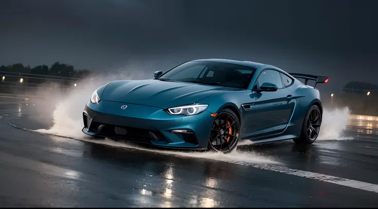 "describe a sports car in the midst of a rainstorm with thunder and lightning. the car's contours, sleek and aerodynamic, shimme...