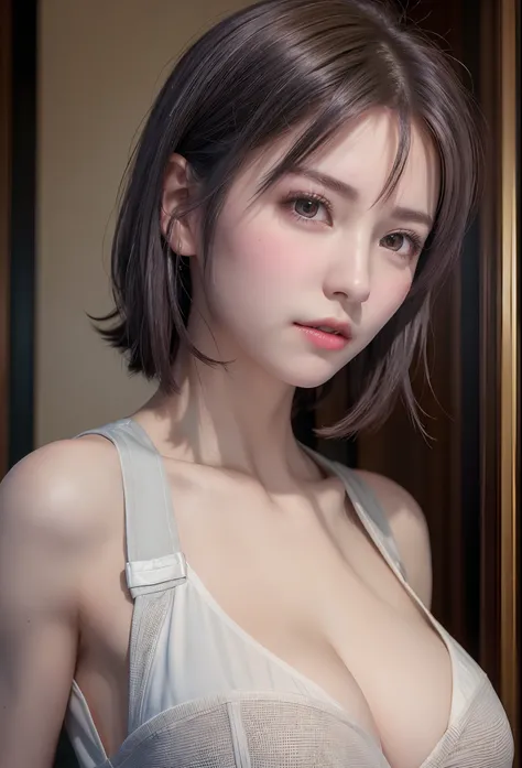 (8K, Photorealistic, Raw photo, of the highest quality: 1.3), (1girl in), Super beautiful, (Realistic face), (boyish, Silver Color Berry Shorthair), Beautiful , Glare that captivates the viewer, Beautiful expression, Beautiful breasts, (Realistic skin), Be...