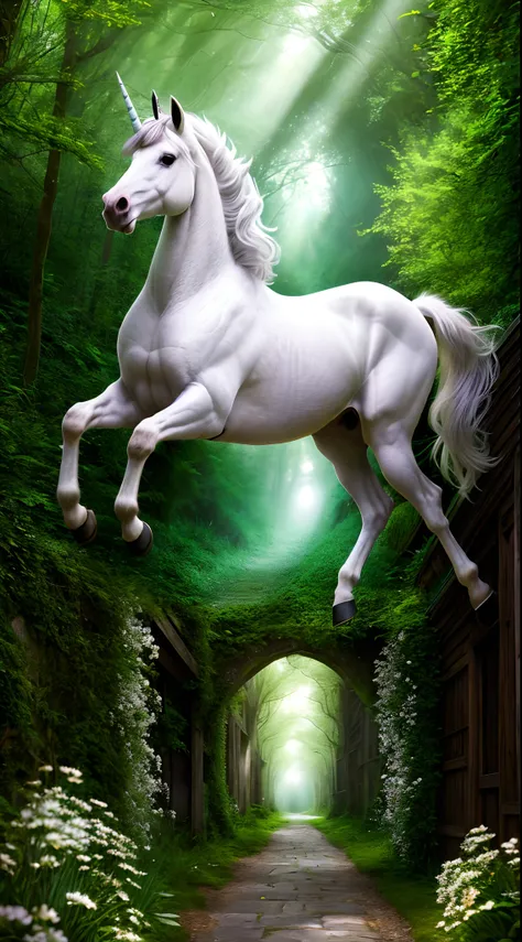 extremely detailed wallpaper, white unicorn run in green forest alley, dynamic pose, spring, morning, beams of light, flowers, (intricate details:1.12), hdr, (intricate details, hyperdetailed:1.15), (cinematic look:1.4), soothing tones, insane details, int...